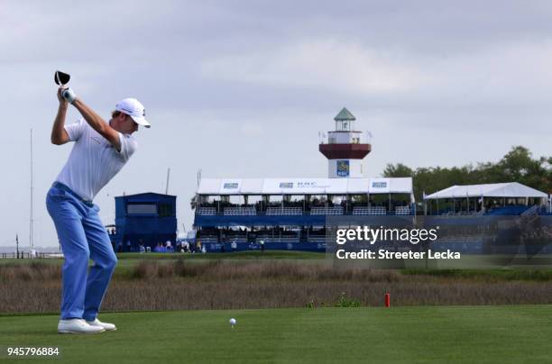 Brandt Snedeker plays his tee shot on the 18th hole during the second round of the 2018 RBC Heritage at Harbour Town Golf Links on April 13, 2018 in...