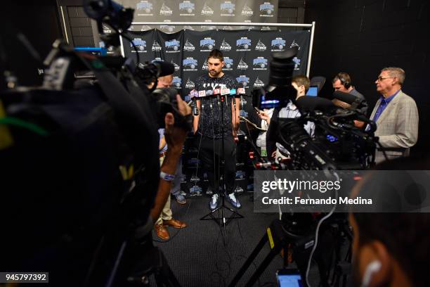 Nikola Vucevic of the Orlando Magic talks to the media during a press conference on April 12, 2018 at Amway Center in Orlando, Florida. NOTE TO USER:...