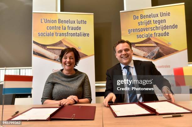 Brussels 09.04.18 - Ondertekening van een overeenkomst om uitkeringsfraude tussen België en Nederland een halt toe te roepen door staatssecretaris...