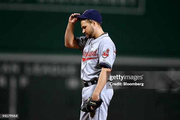 Jake Westbrook, pitcher for the Cleveland Indians, pauses on the mound during the seventh game against the Boston Red Sox in the American League...