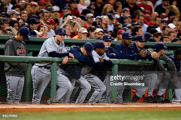 Members of the Cleveland Indians watch from the dugout during the seventh game against the Boston Red Sox in the American League Championship Series...