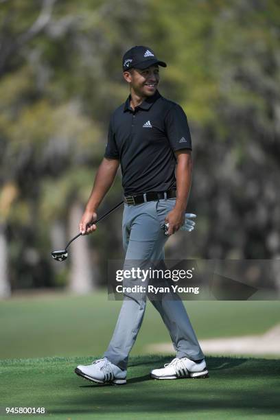 Xander Schauffele smiles during the first round of the RBC Heritage at Harbour Town Golf Links on April 12, 2018 in Hilton Head, South Carolina.