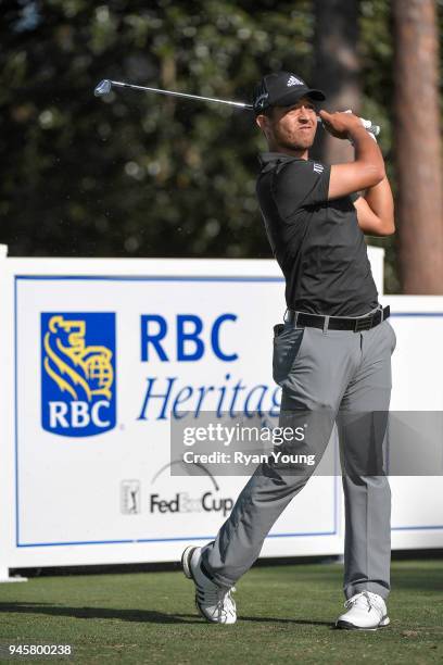 Xander Schauffele plays his shot from the 17th tee during the first round of the RBC Heritage at Harbour Town Golf Links on April 12, 2018 in Hilton...