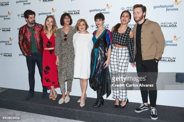 Actors Miguel Angel Munoz, Charlotte Vega, Belen Cuesta, Carmen Machi, Ursula Corbero, Hiba Abouk and Pablo Rivero attend 'Proyecto Tiempo' photocall...