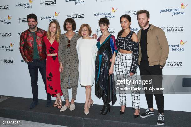 Actors Miguel Angel Munoz, Charlotte Vega, Belen Cuesta, Carmen Machi, Ursula Corbero, Hiba Abouk and Pablo Rivero attend 'Proyecto Tiempo' photocall...