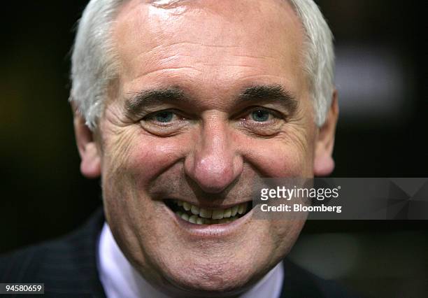 Irish Prime Minister Bertie Ahern smiles after visiting RTE's Irish television studios early in the morning, on Saturday, May 26 in Dublin, Ireland....