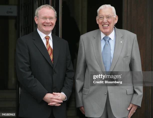 Northern Ireland First Minister, Ian Paisley, right, with Northern Ireland Deputy First Minister Martin McGuinness pose on the steps outside...