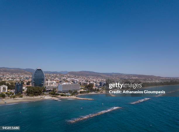 Aerial view of the Limassol coastal front and promenade on April 04, 2018 in Limassol, Cyprus.