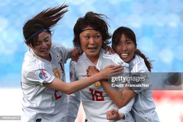 Mizuho Sakaguchi of Japan celebrates with Risa Shimizu and Emi Nakajima scoring the opening goal during the AFC Women's Asian Cup Group B match...