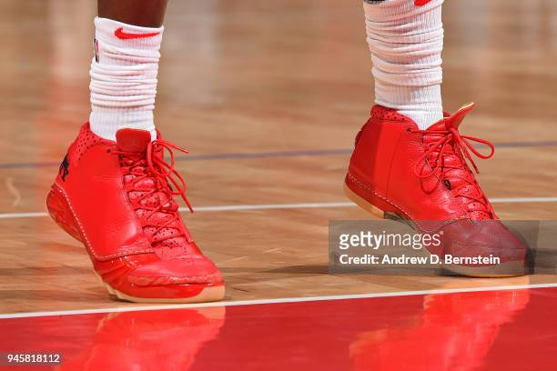 Sneakers of Montrezl Harrell of the LA Clippers during the game against the New Orleans Pelicans on April 9, 2018 at STAPLES Center in Los Angeles,...