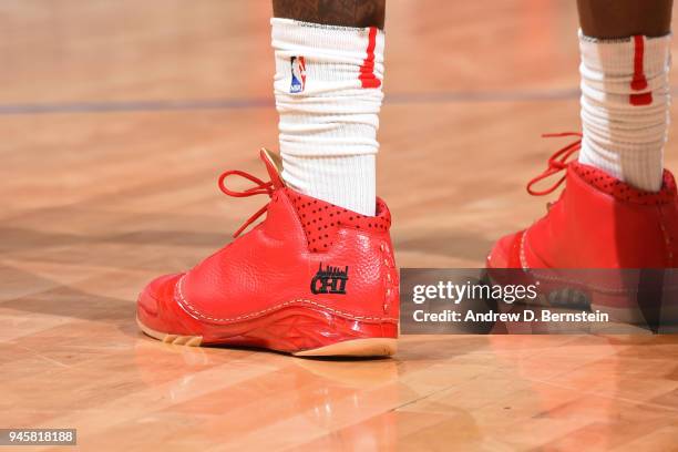 Sneakers of Montrezl Harrell of the LA Clippers during the game against the New Orleans Pelicans on April 9, 2018 at STAPLES Center in Los Angeles,...