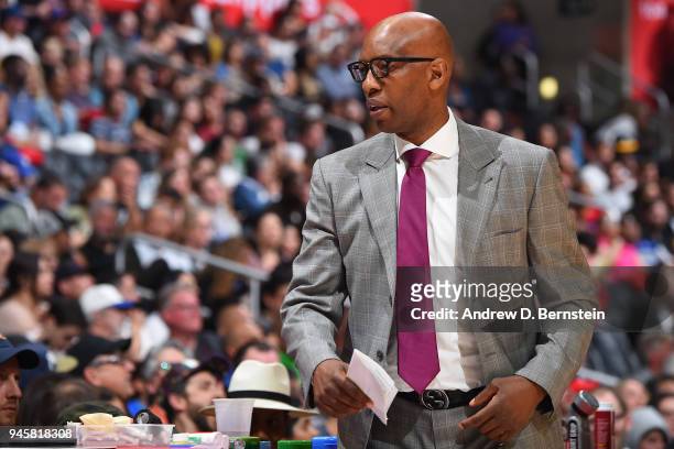 Assistant Coach Sam Cassell of the LA Clippers looks on during the game against the New Orleans Pelicans on April 9, 2018 at STAPLES Center in Los...