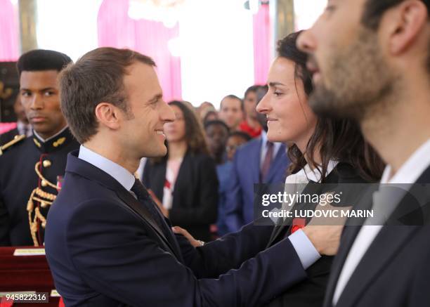 French alpine skier and Paralympic Champion Marie Bochet is awarded Officier of the Legion of Honour by French President Emmanuel Macron , at the...