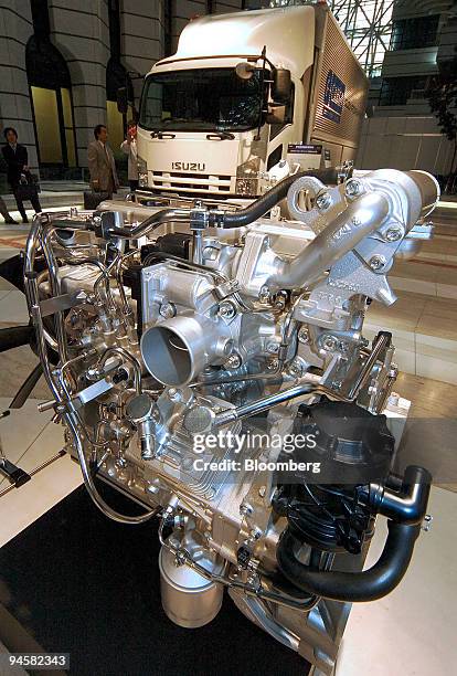 The engine of Isuzu Motors Ltd. Forward mid-duty truck is displayed at a news conference in Tokyo, Japan, on Thursday, May 24, 2007. Isuzu Motors...