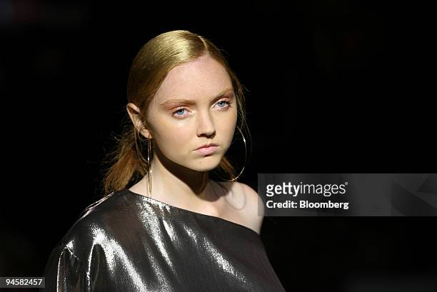 Model Lily Cole wears a blouse as she walks down the catwalk during the Jasper Conran fashion show in London, U.K., on Monday, Sept. 17, 2007....