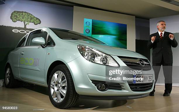 S Adam Opel AG Chief Executive Officer Hans Demant presents the "eco-flex" version of Opel's Corsa automobile at a press conference in Berlin,...