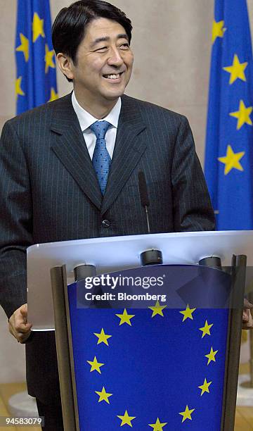 Japanese Prime Minister Shinzo Abe speaks during a press conference in Brussels, Belgium, Thursday, January 11, 2007. The European Union has no...