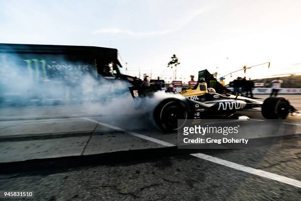 James Hinchcliffe exits the Pitstop competition at the 2018 Toyota Grand Prix of Long Beach Media Luncheon at Toyota Grand Prix of Long Beach on...