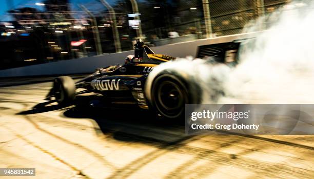 James Hinchcliffe exits the Pitstop competition at the 2018 Toyota Grand Prix of Long Beach Media Luncheon at Toyota Grand Prix of Long Beach on...