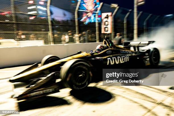 James Hinchcliffe exits the Pitstop competition at the 2018 Toyota Grand Prix of Long Beach Media Luncheon at Toyota Grand Prix of Long Beach on...