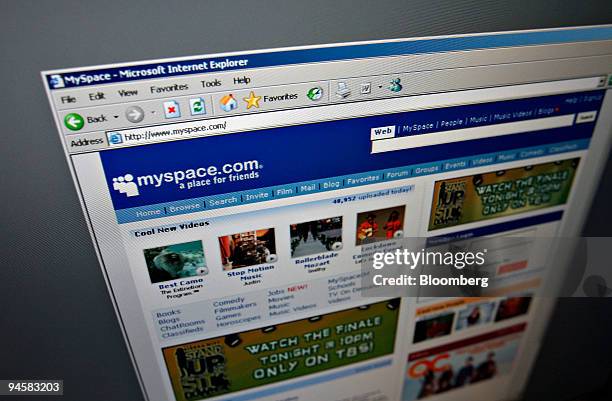 The homepage of MySpace.com is arranged on a computer screen for a photograph in New York, Friday, November 17, 2006. Vivendi SA's Universal Music...