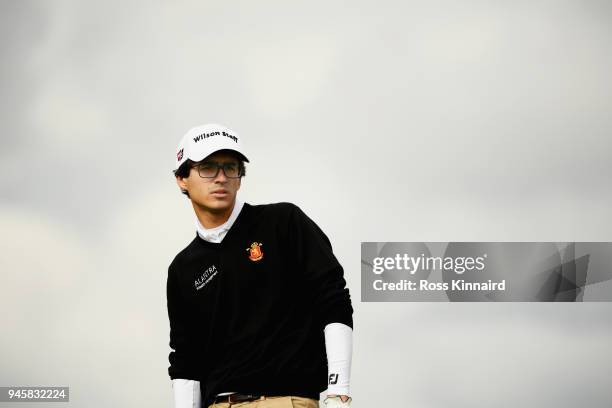 Javier Sainz of Spain plays looks on before taking his shot off the tee on the 9th hole during day two of the Open de Espana at Centro Nacional de...