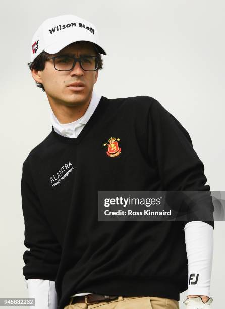 Javier Sainz of Spain plays looks on before taking his shot off the tee on the 9th hole during day two of the Open de Espana at Centro Nacional de...