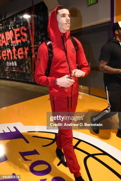 Lonzo Ball of the Los Angeles Lakers arrives before the game against the Houston Rockets on April 10, 2017 at STAPLES Center in Los Angeles,...