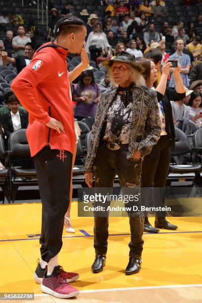Gerald Green of the Houston Rockets talks to James Goldstein before the game against the Los Angeles Lakers on April 10, 2017 at STAPLES Center in...
