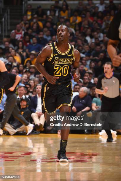 Andre Ingram of the Los Angeles Lakers moves up the court during the game against the Houston Rockets on April 10, 2017 at STAPLES Center in Los...
