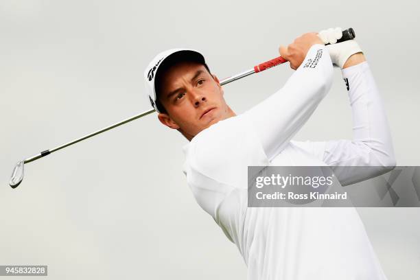 Victor Pastor of Spain tees of the 9th hole during day two of the Open de Espana at Centro Nacional de Golf on April 13, 2018 in Madrid, Spain.