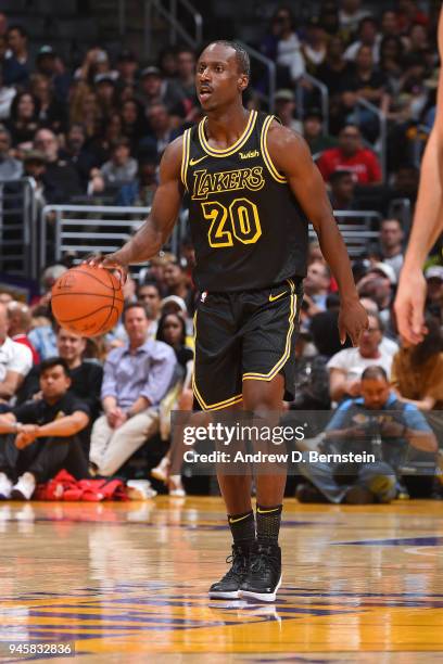 Andre Ingram of the Los Angeles Lakers dribbles during the game against the Houston Rockets on April 10, 2017 at STAPLES Center in Los Angeles,...