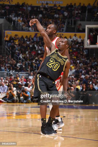 Andre Ingram of the Los Angeles Lakers shoots the ball against the Houston Rockets on April 10, 2017 at STAPLES Center in Los Angeles, California....