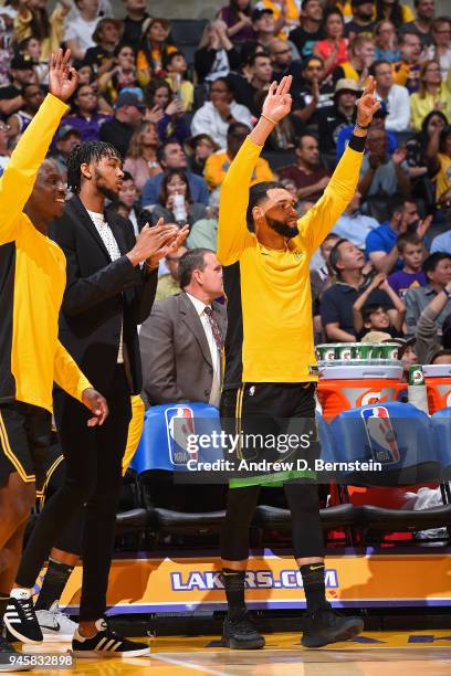 Tyler Ennis of the Los Angeles Lakers reacts to a play during the game against the Houston Rockets on April 10, 2017 at STAPLES Center in Los...