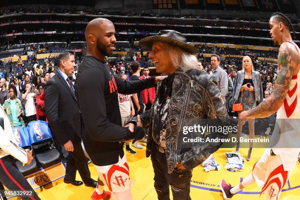 Chris Paul of the Houston Rockets speaks to James Goldstein after the game against the Los Angeles Lakers on April 10, 2017 at STAPLES Center in Los...