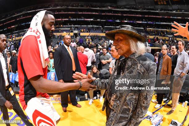 James Harden of the Houston Rockets speaks to James Goldstein after the game against the Los Angeles Lakers on April 10, 2017 at STAPLES Center in...