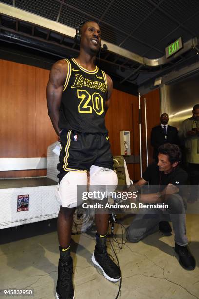 Andre Ingram of the Los Angeles Lakers speaks to the media after the game against the Houston Rockets on April 10, 2017 at STAPLES Center in Los...