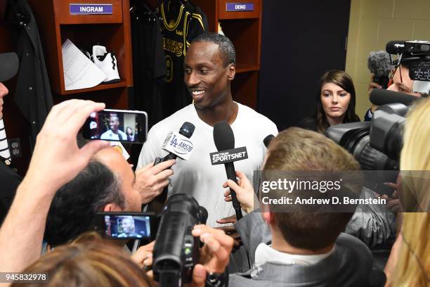 Andre Ingram of the Los Angeles Lakers speaks to the media after the game against the Houston Rockets on April 10, 2017 at STAPLES Center in Los...