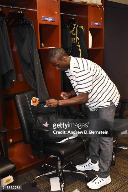 Andre Ingram of the Los Angeles Lakers after the game against the Houston Rockets on April 10, 2017 at STAPLES Center in Los Angeles, California....
