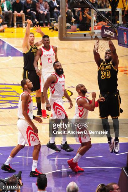 Julius Randle of the Los Angeles Lakers shoots the ball against the Houston Rockets on April 10, 2017 at STAPLES Center in Los Angeles, California....