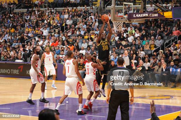 Julius Randle of the Los Angeles Lakers goes to the basket against the Houston Rockets on April 10, 2017 at STAPLES Center in Los Angeles,...