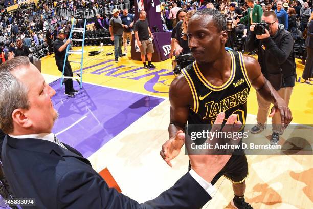 Andre Ingram of the Los Angeles Lakers greets the media after the game against the Houston Rockets on April 10, 2017 at STAPLES Center in Los...