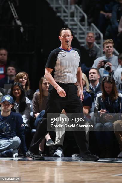 Referee, Matt Boland looks on during the Denver Nuggets game against the Minnesota Timberwolves on April 11, 2018 at Target Center in Minneapolis,...