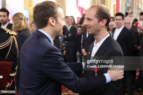 Anthony Chalencon , French gold paraolympic medallist in cross-country skiing during the Pyeongchang 2018 Winter Paralympic Games, is awarded...