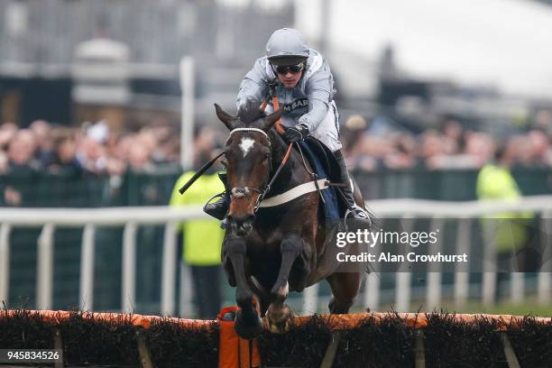 Nico de Boinville riding Santini clear the last to win The Doom Bar Sefton Novicesâ Hurdle Race at Aintree racecourse on April 13, 2018 in Liverpool,...