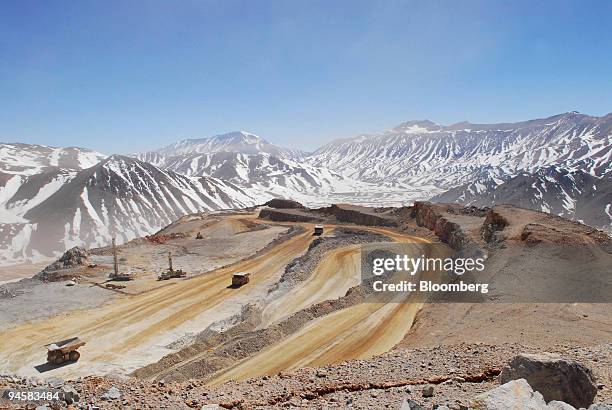 Mining trucks weave through Barrick Gold Corp.'s Veladero mine in the San Juan province of Argentina, on Tuesday, Oct. 16, 2007.