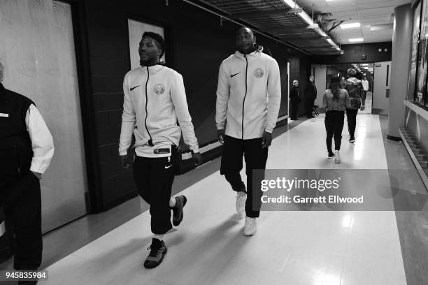 Malik Beasley and Darrell Arthur of the Denver Nuggets before the game against the Portland Trail Blazers on APRIL 9, 2018 at the Pepsi Center in...