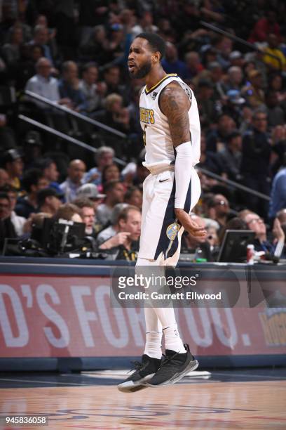 Will Barton of the Denver Nuggets reacts to a play during the game against the Portland Trail Blazers on APRIL 9, 2018 at the Pepsi Center in Denver,...