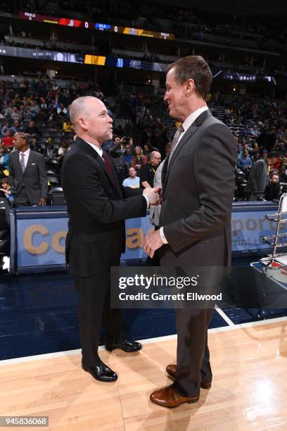 Head Coach Michael Malone of the Denver Nuggets and Head Coach Terry Stotts of the Portland Trail Blazers before the game on APRIL 9, 2018 at the...