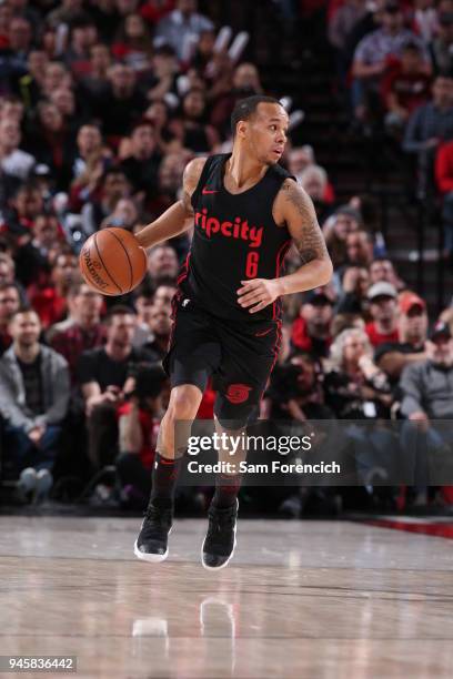 Shabazz Napier of the Portland Trail Blazers moves up the court during the game against the Utah Jazz on April 11, 2018 at the Moda Center Arena in...